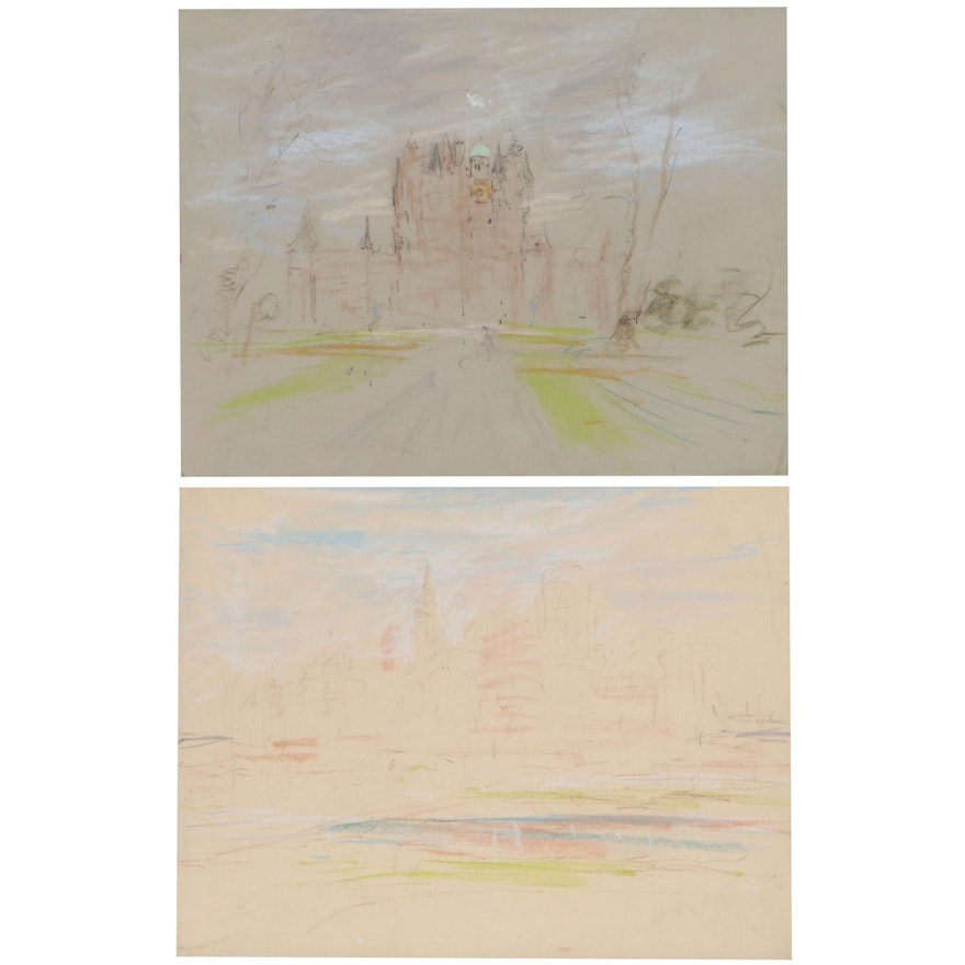 Kamil Kubik Pastel Study Drawings of Castle and City Skyline, Late 20th Century