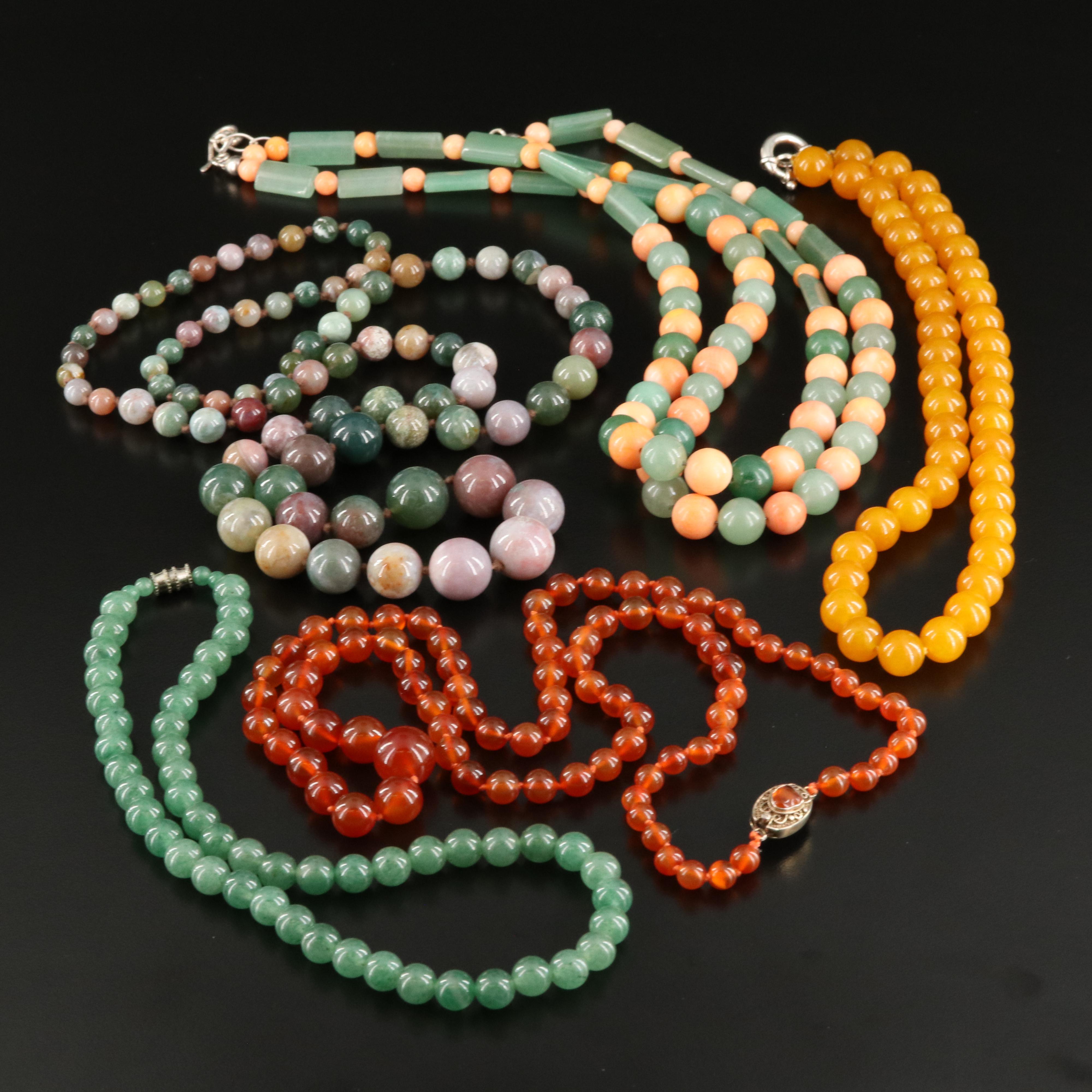 Trio of Amazonite, Coral and Carnelian Bead Necklaces Including Sterling