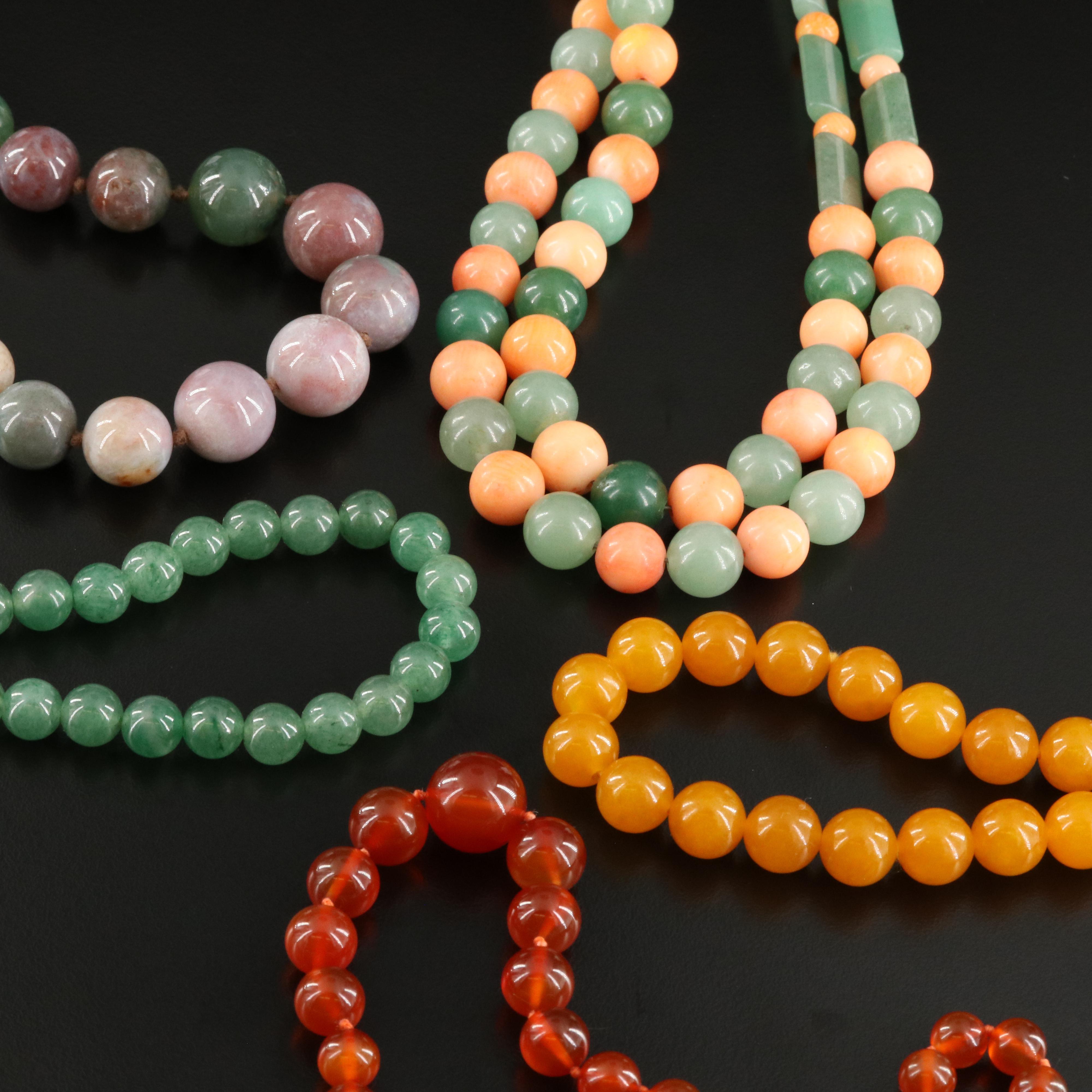 Trio of Amazonite, Coral and Carnelian Bead Necklaces Including Sterling