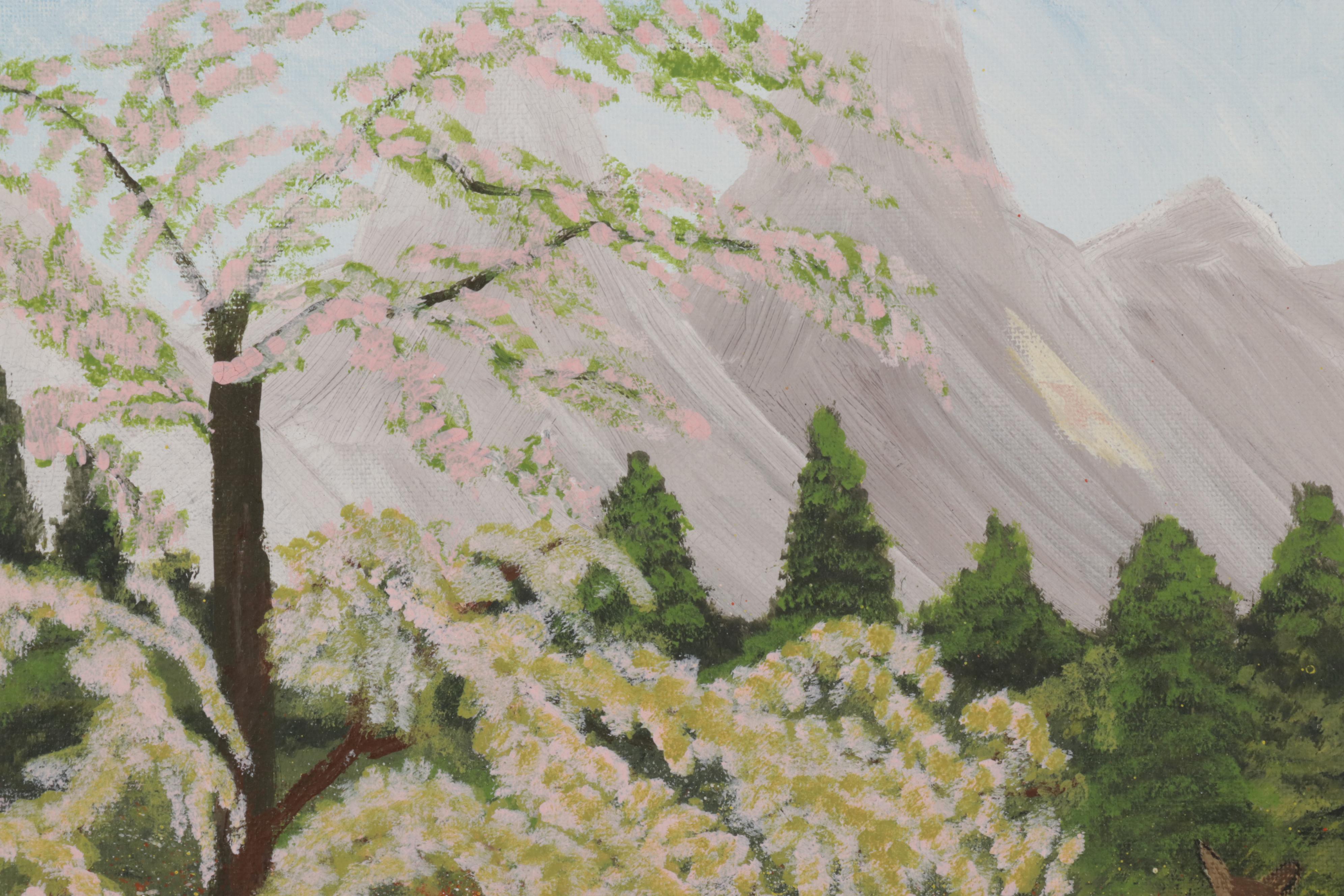 Folk Art Acrylic Painting of Doe and Wildflowers, Circa 2000