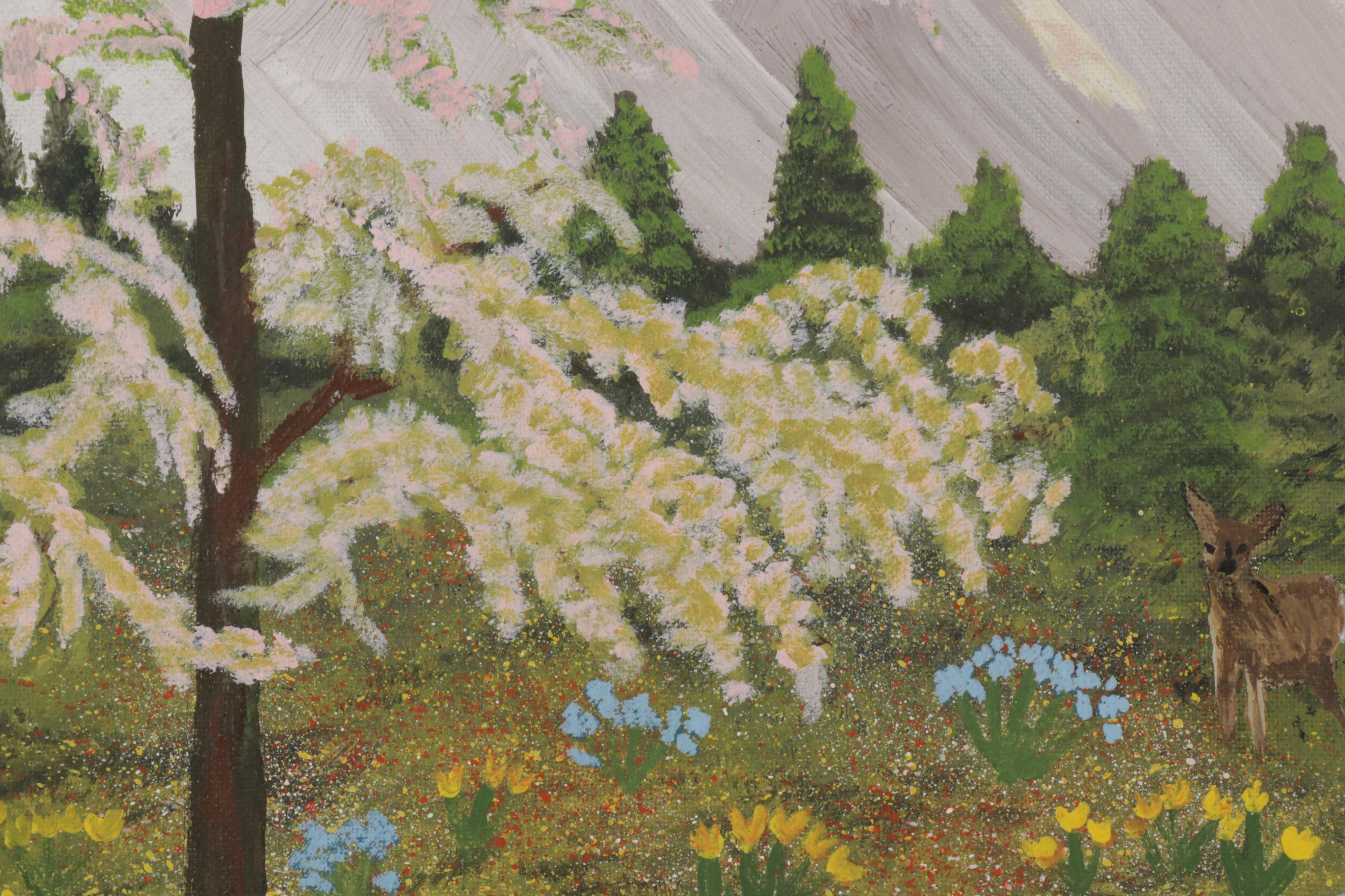 Folk Art Acrylic Painting of Doe and Wildflowers, Circa 2000