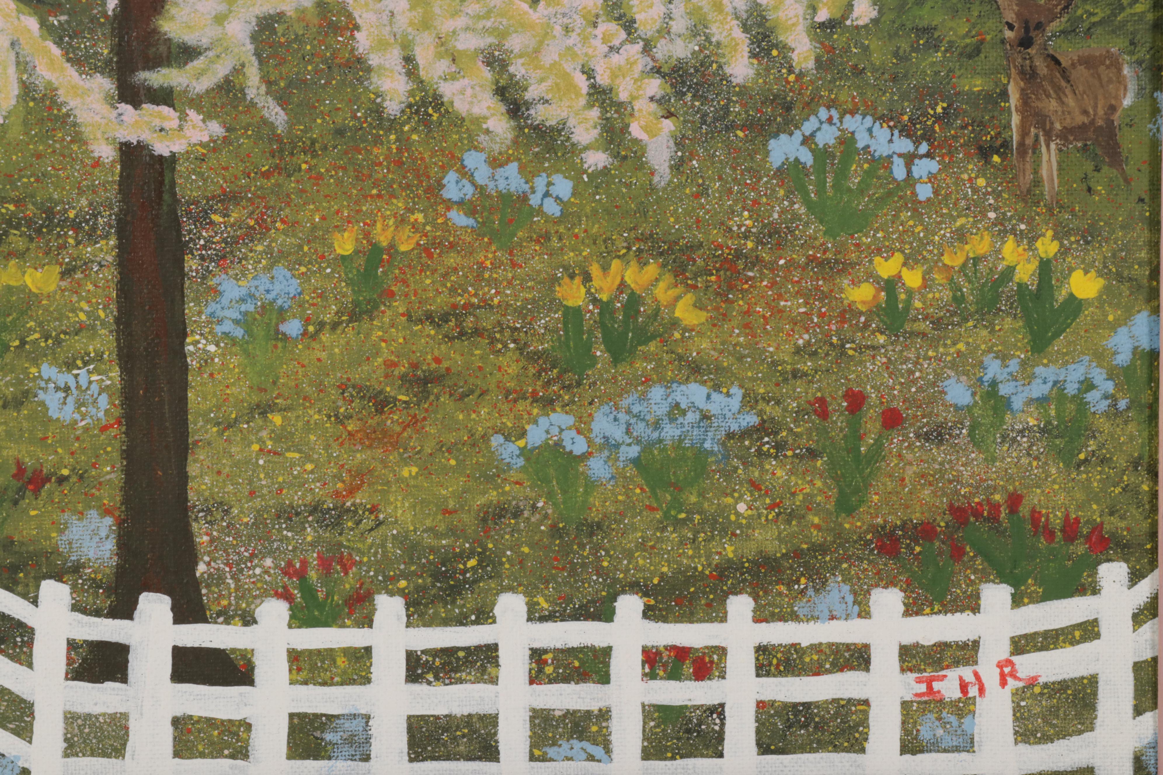 Folk Art Acrylic Painting of Doe and Wildflowers, Circa 2000