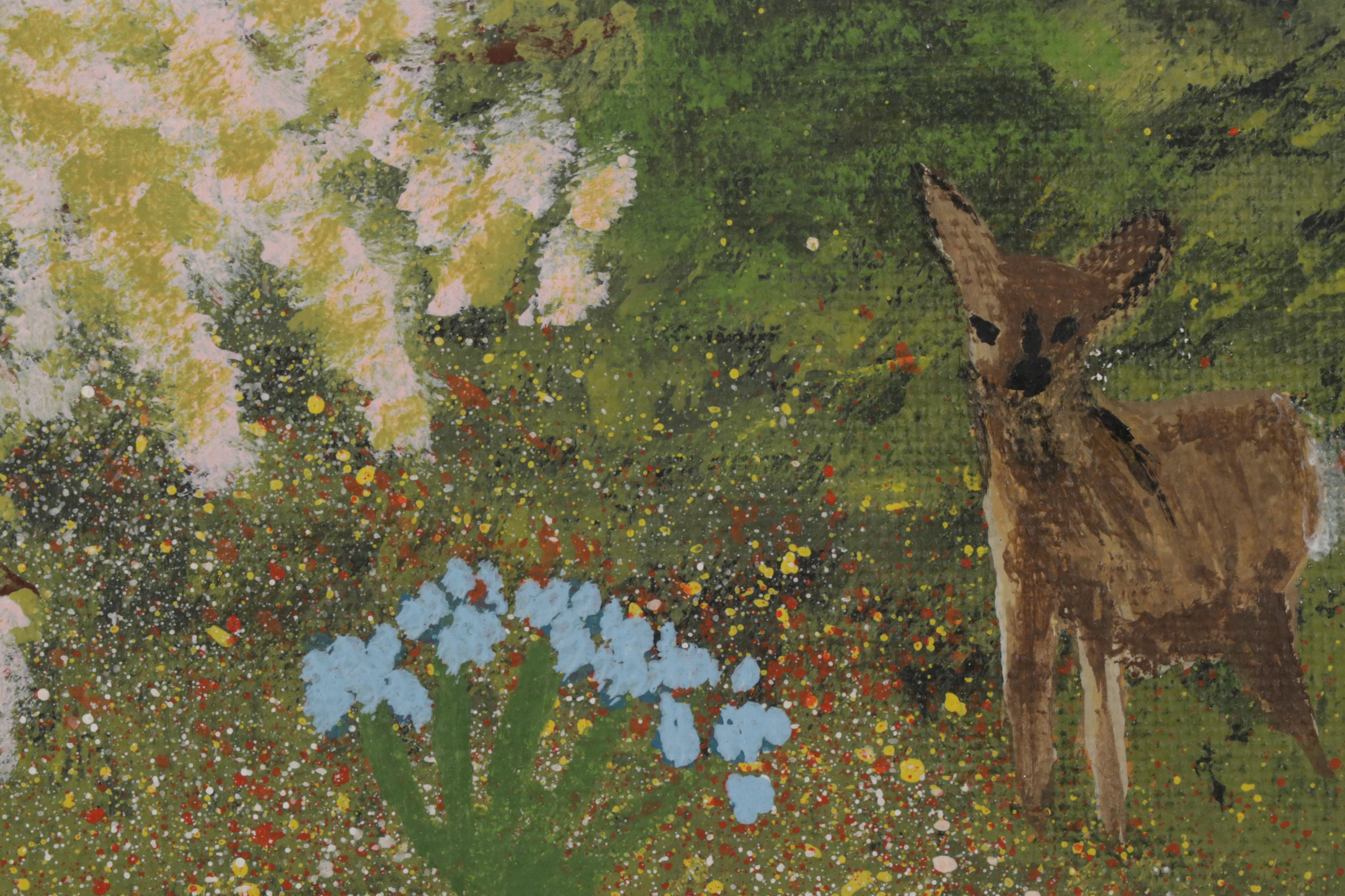 Folk Art Acrylic Painting of Doe and Wildflowers, Circa 2000
