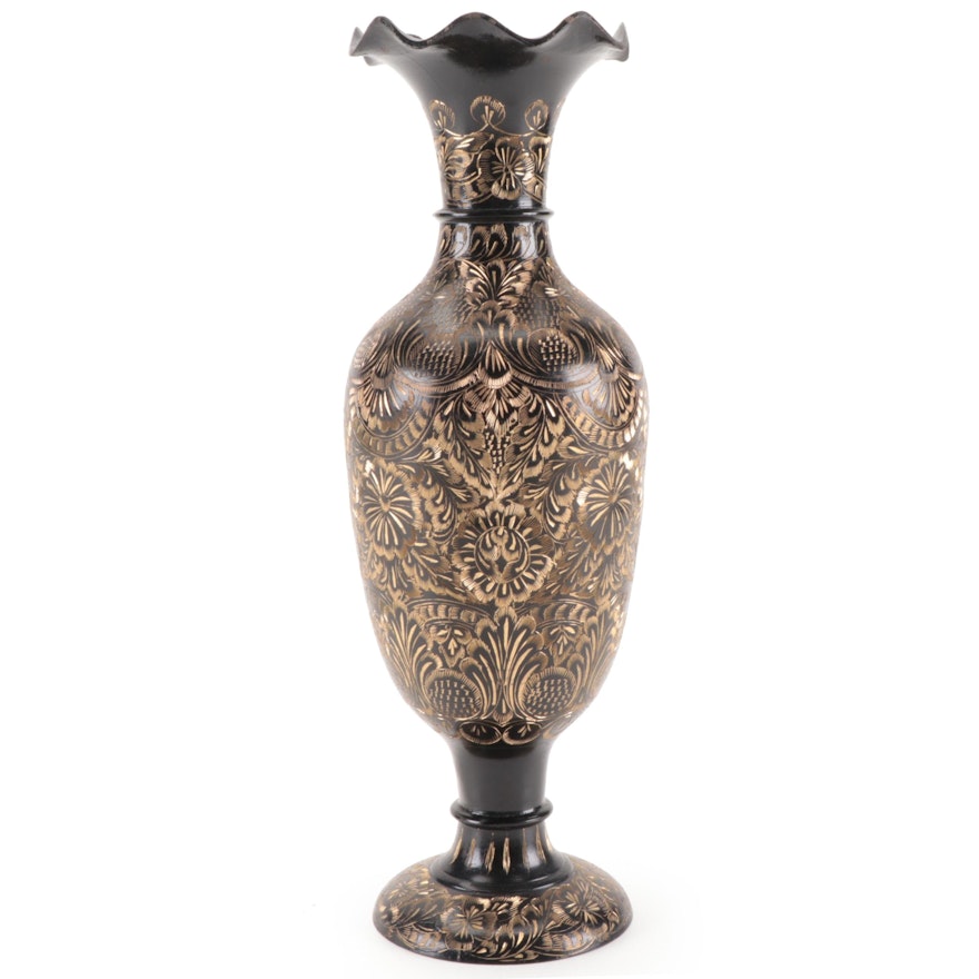 Indo-Persian Style Hand-Etched Blackened Brass Vase With Ruffled Rim