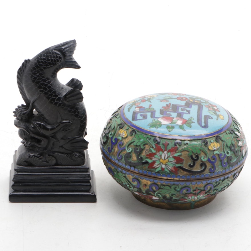 Chinese Champleve and Cloisonné Box and Fish Sculpture