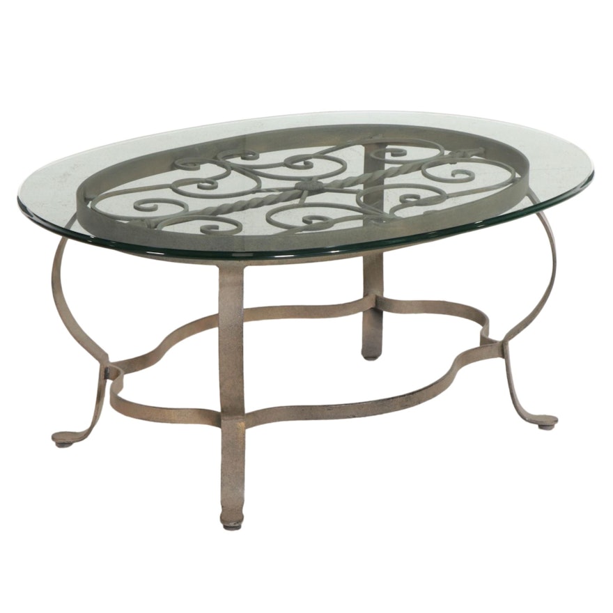 Oval Glass Top Coffee Table on Scrolled Metal Frame, Late 20th to 21st Century