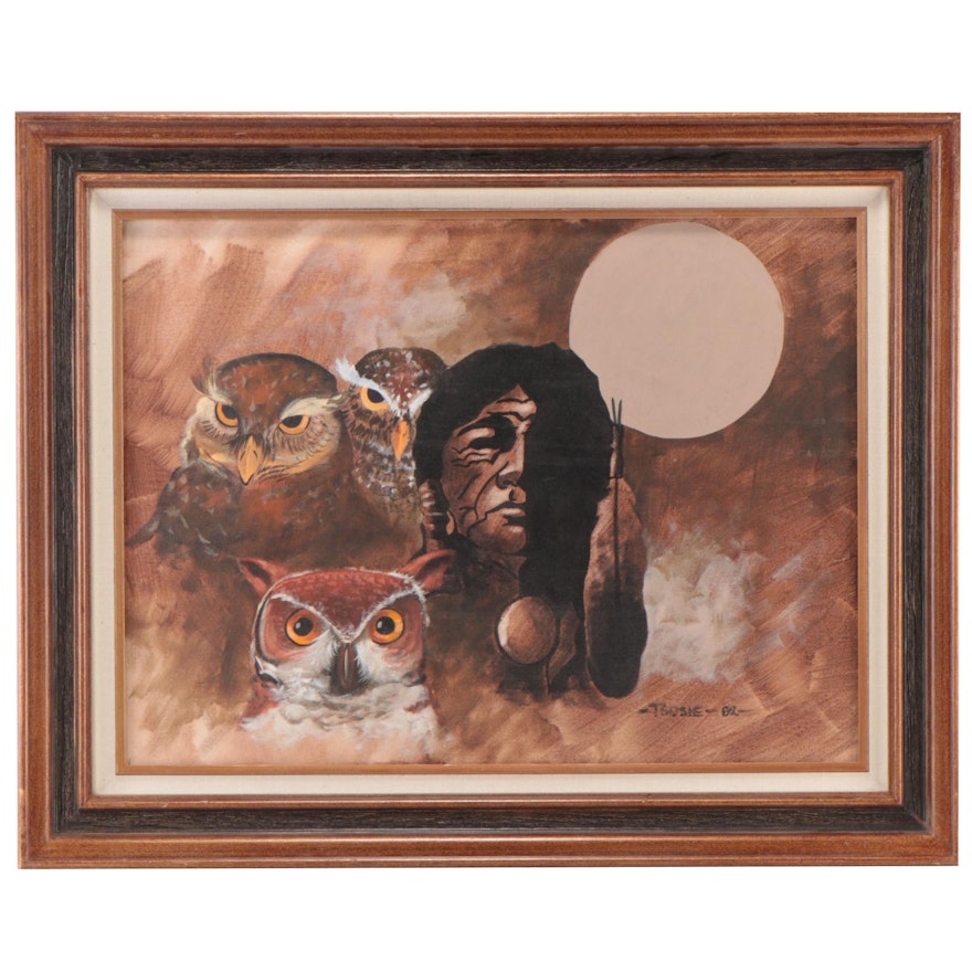 Casey Tsosie Southwestern Acrylic Painting of Owls and Figure, 1982