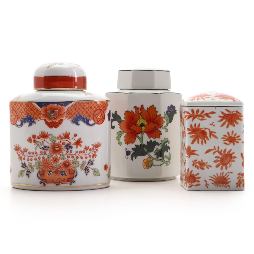 Mottahedeh "Sacred Butterfly" Porcelain Box with Japanese Porcelain Tea Caddies