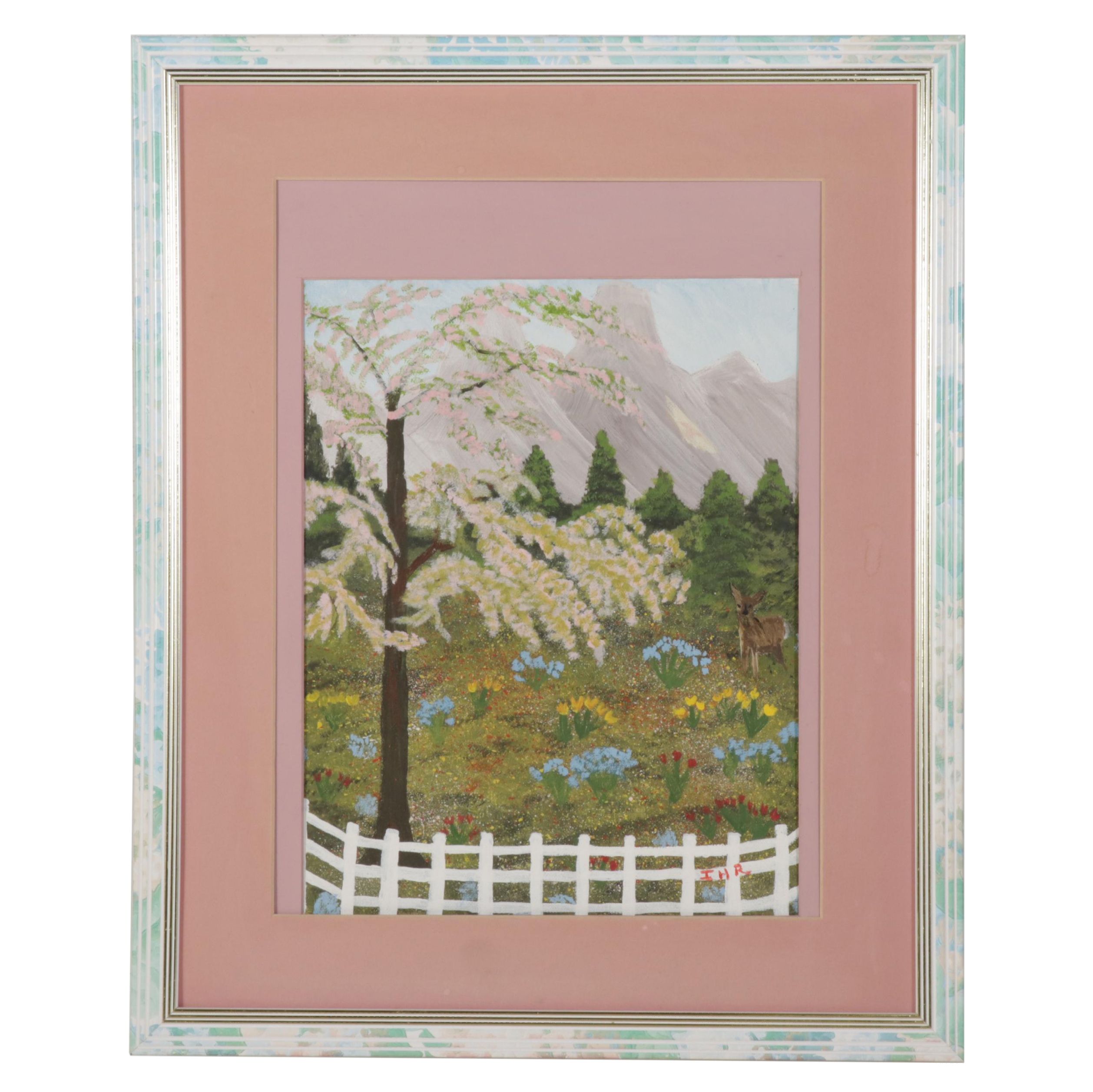 Folk Art Acrylic Painting of Doe and Wildflowers, Circa 2000