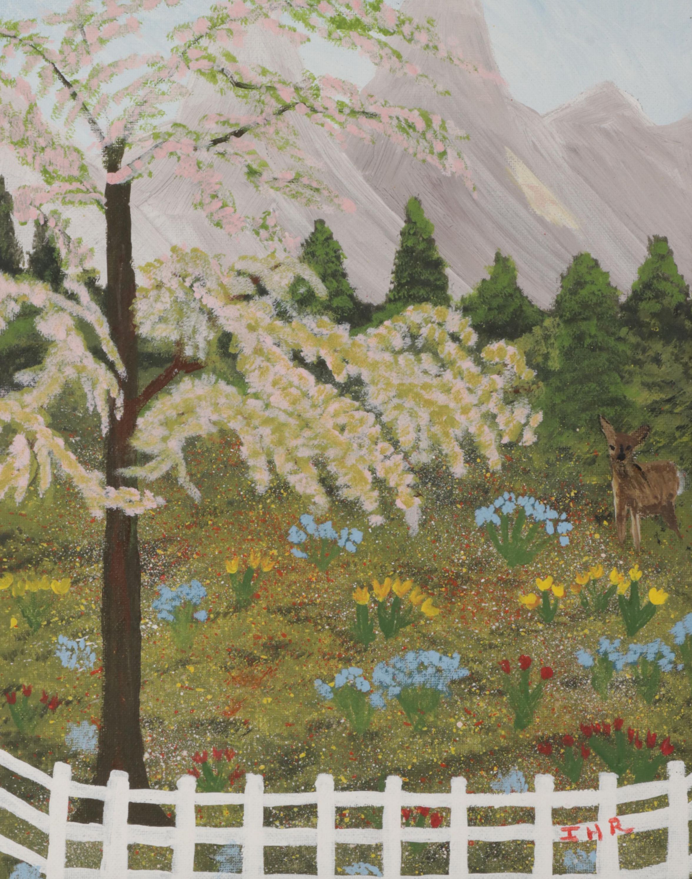 Folk Art Acrylic Painting of Doe and Wildflowers, Circa 2000