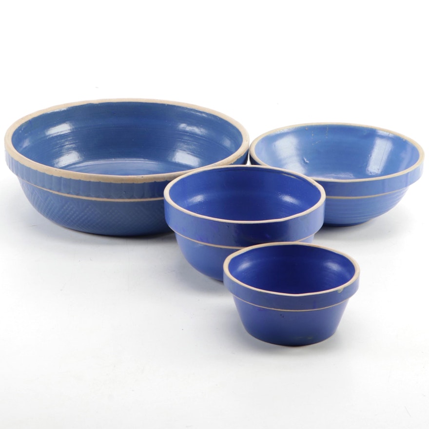 Clay City Pottery and Other Blue Matte Glazed Stoneware Mixing Bowls