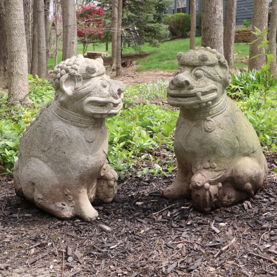 Concrete Chinese Guardian Lion Outdoor Statues, Pair