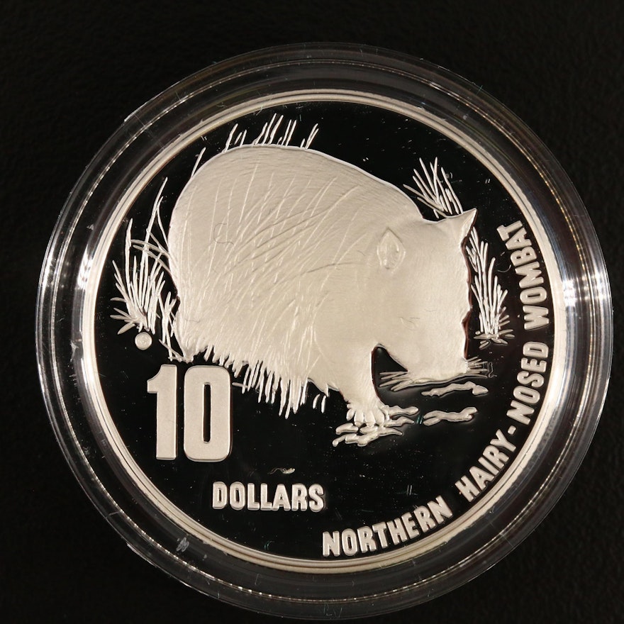 Australian 1998 Silver Ten-Dollar Coin Commemorating the Hairy Nosed Wombat