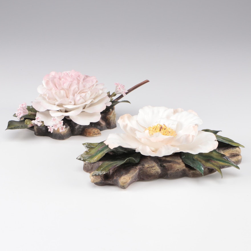 Boehm "Single Peony" and "Debutante Camellia with Viburnum" Porcelain Sculptures