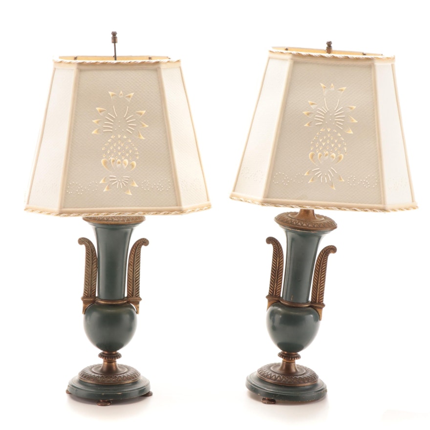 Pair of Neoclassical Enameled Cast Brass Table Lamps, Mid-20th Century