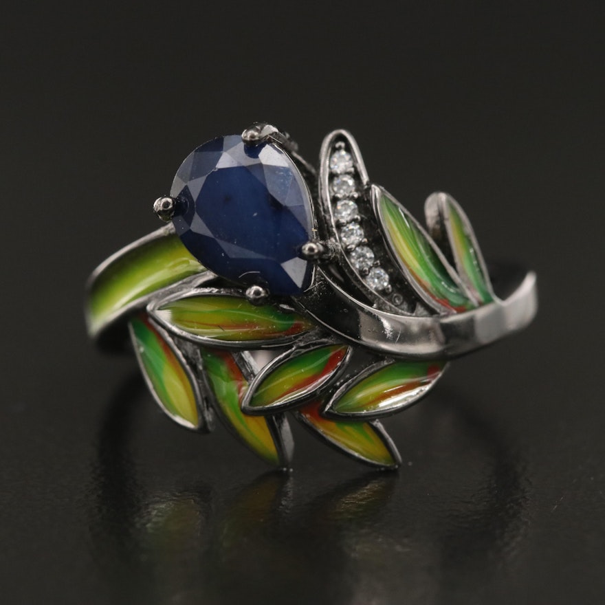 Sterling Corundum and Cubic Zirconia Ring with Plique a jour Style Leaves