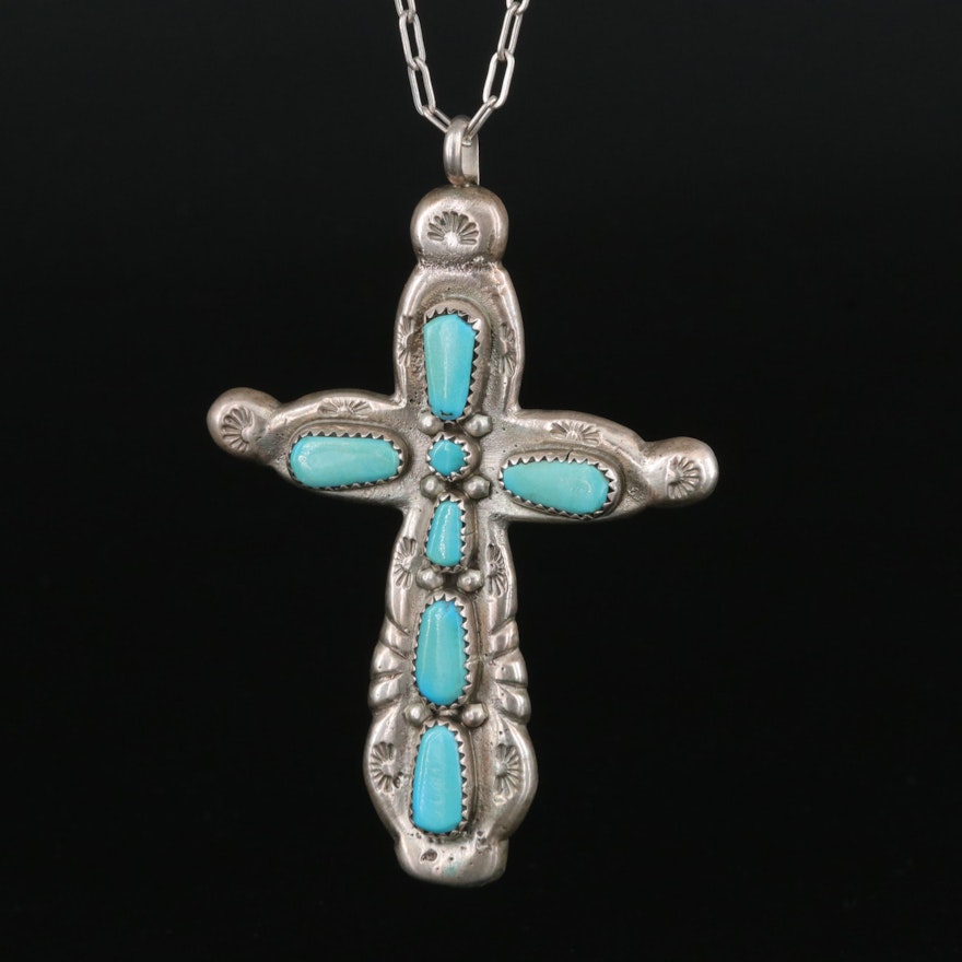 Cecilia Iule Zuni Sterling Turquoise Cross Pendant Necklace