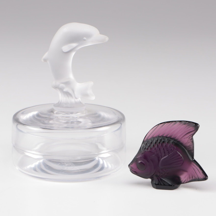 Lalique Amethyst Crystal Fish Figurine with Other Frosted Glass Powder Jar