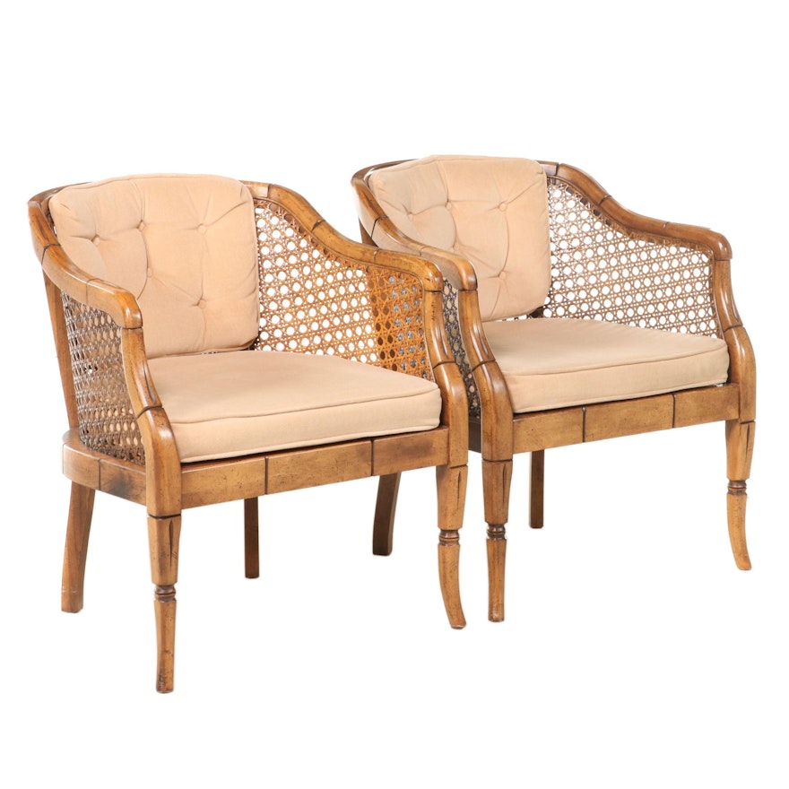 Pair of Regency Style Faux-Bamboo Maple, Caned, and Buttoned-Down Tub Chairs