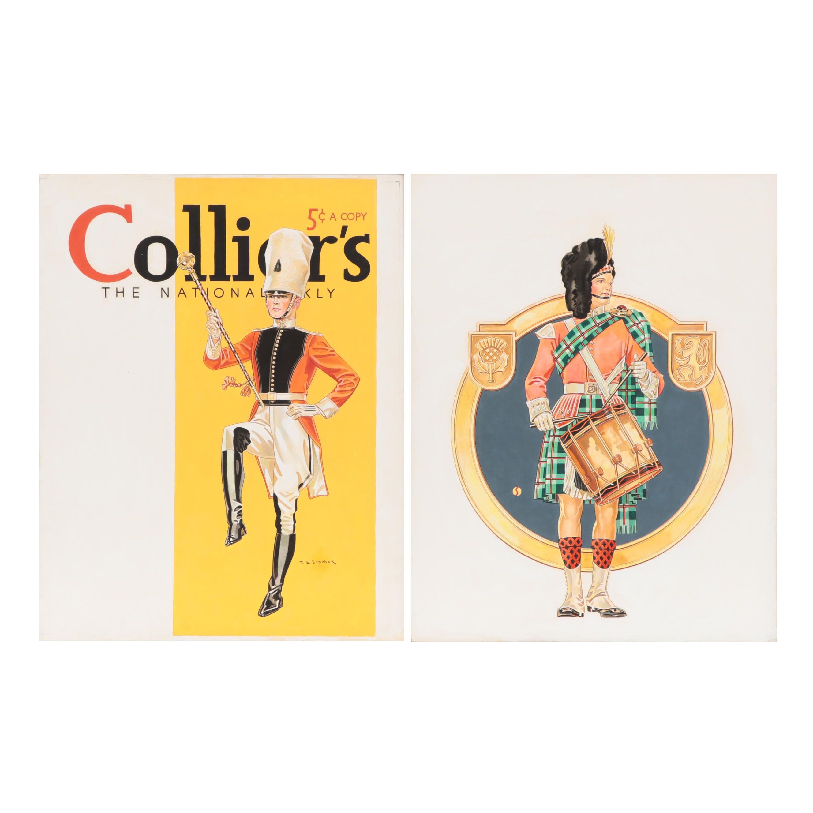 Ted E. Schrock Figurative Gouache Illustrations of Men in Uniform, Circa 1940