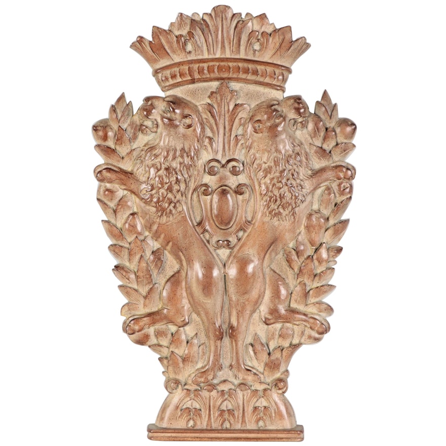 European Heraldic Style Carved Wood Plaque With Rampant Lions