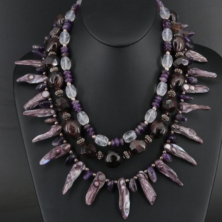 Beaded Necklace Selection Including Sterling Amethyst, Garnet and Pearl