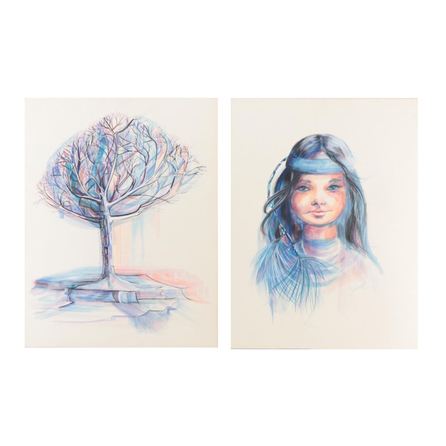 Watercolor Paintings of Tree and Portrait, Circa 2000