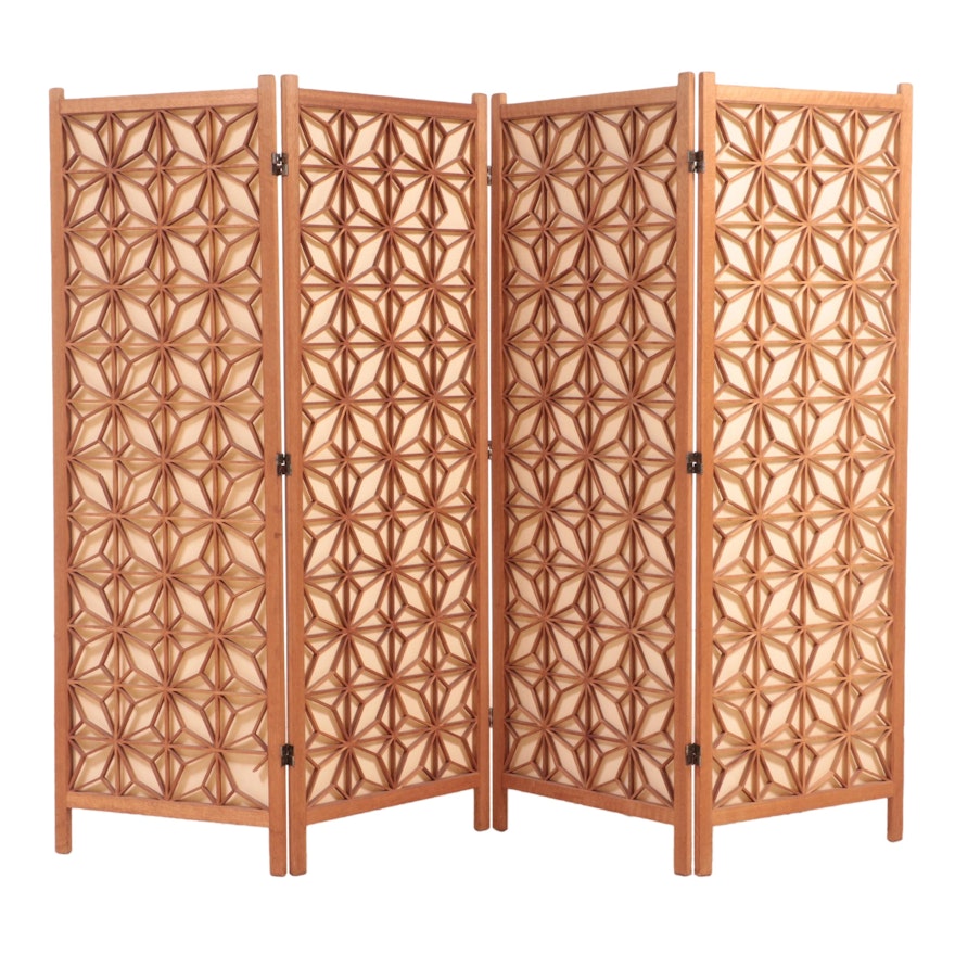 Teak Geometric Fretwork Four-Panel Folding Screen, Mid to Late 20th Century