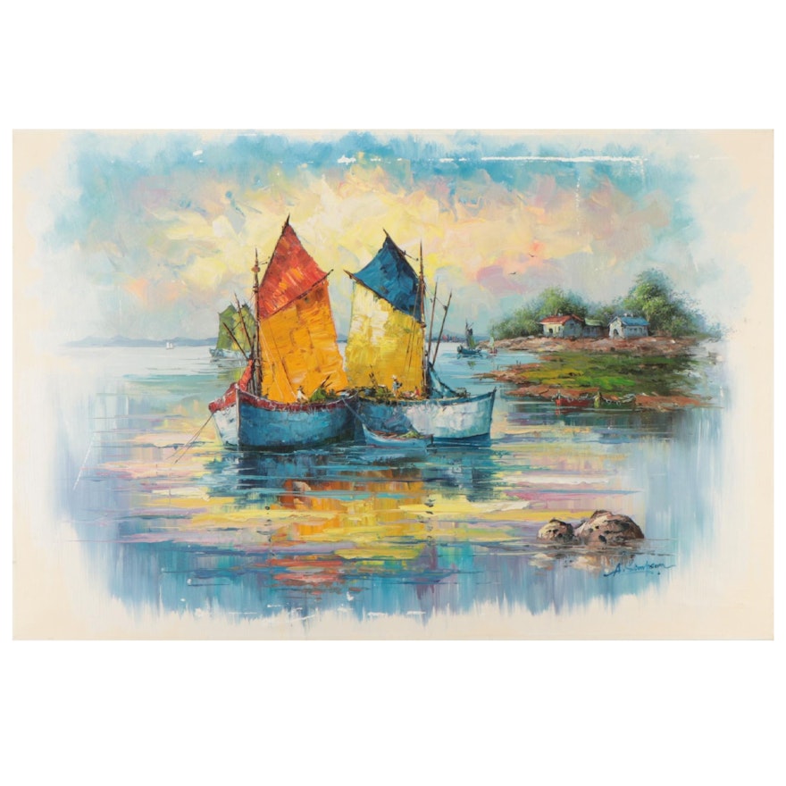 Alan Simpson Impressionist Style Oil Painting of Harbor, Late 20th Century