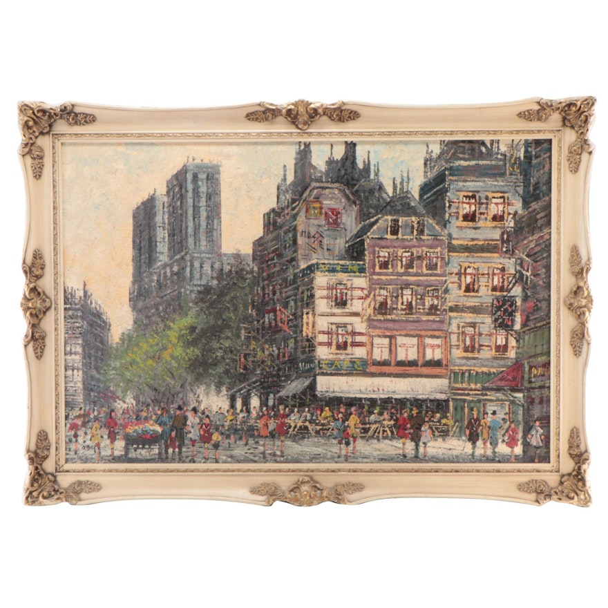 Parisian Street Scene Oil Painting, Mid-20th Century