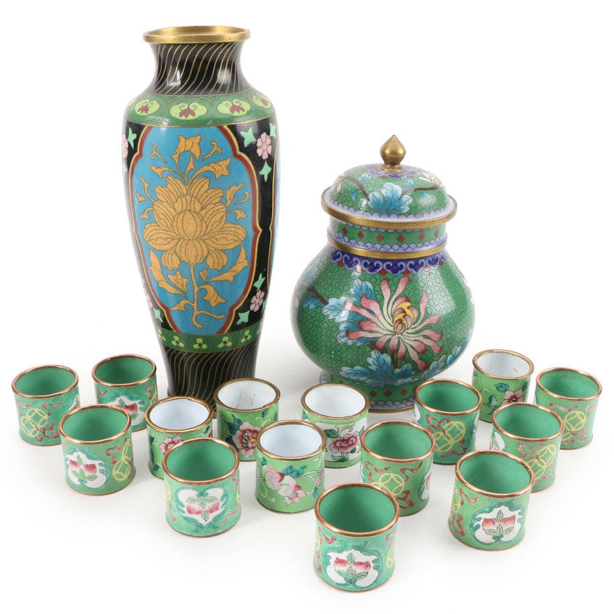 Chinese Cloisonné Enamel and Brass Vase and Ginger Jar, Enameled Napkin Rings
