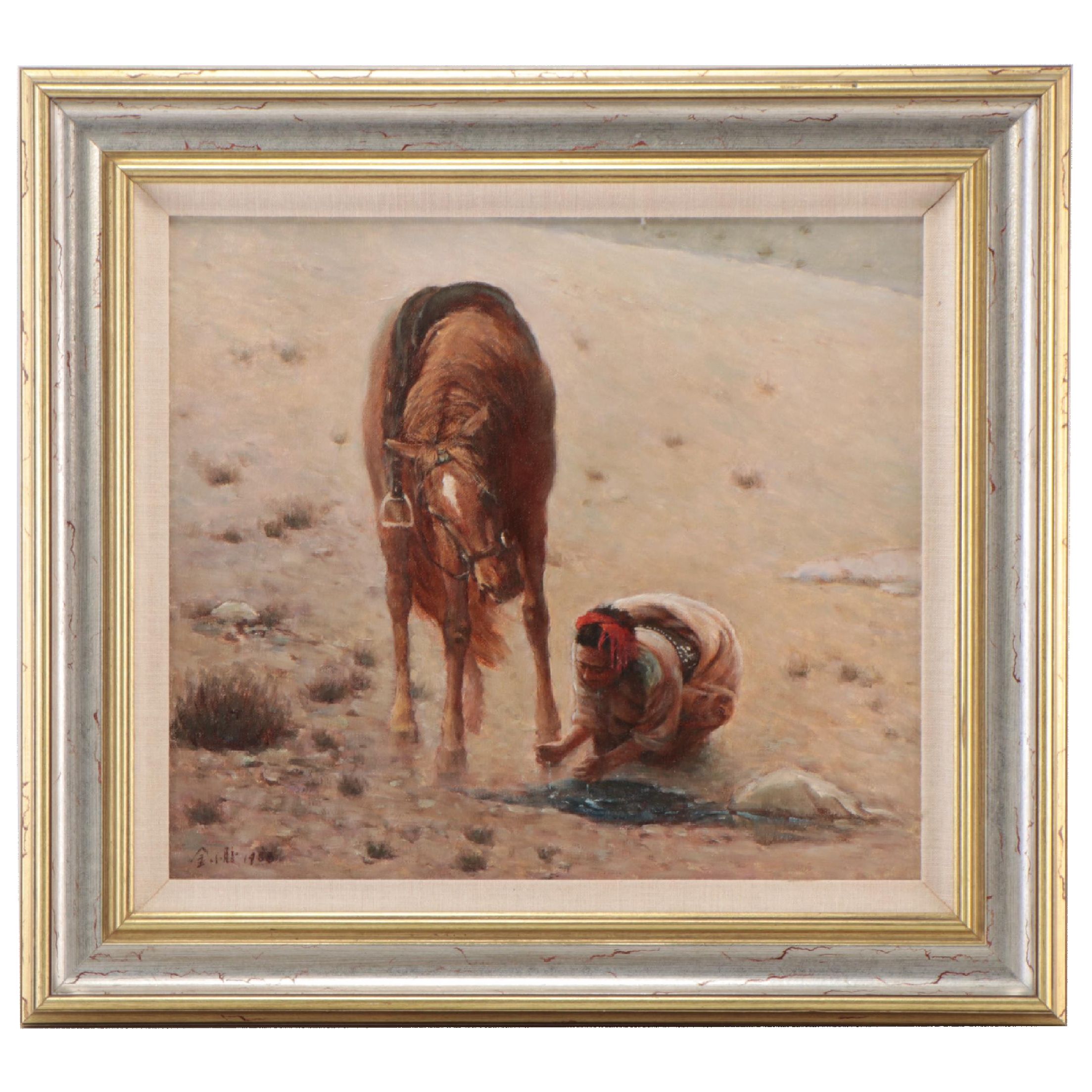 Zhang Wen Xin Oil Painting of Horse and Rider Taking Water Break, 1988