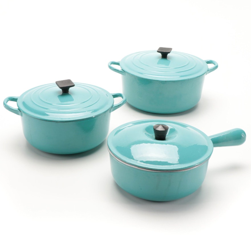 Le Creuset Turquoise Enameled Cast Iron Dutch Ovens and Sauce Pan