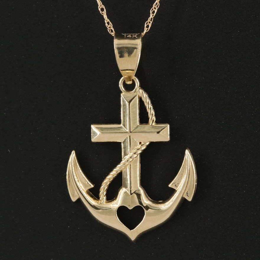14K Cross and Heart Anchor Pendant Necklace