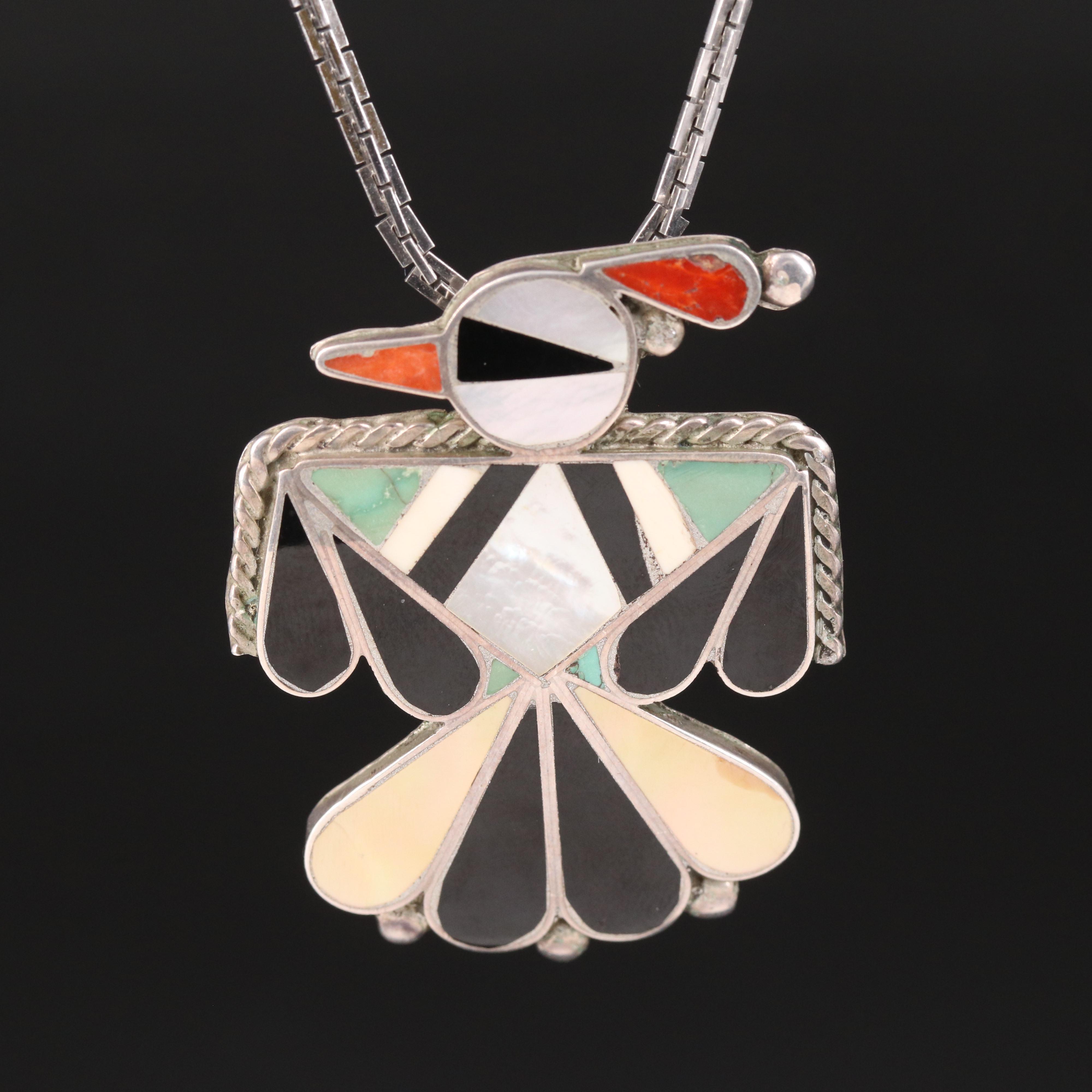 Southwestern Sterling Thunderbird Inlay Converter Pendant Necklace