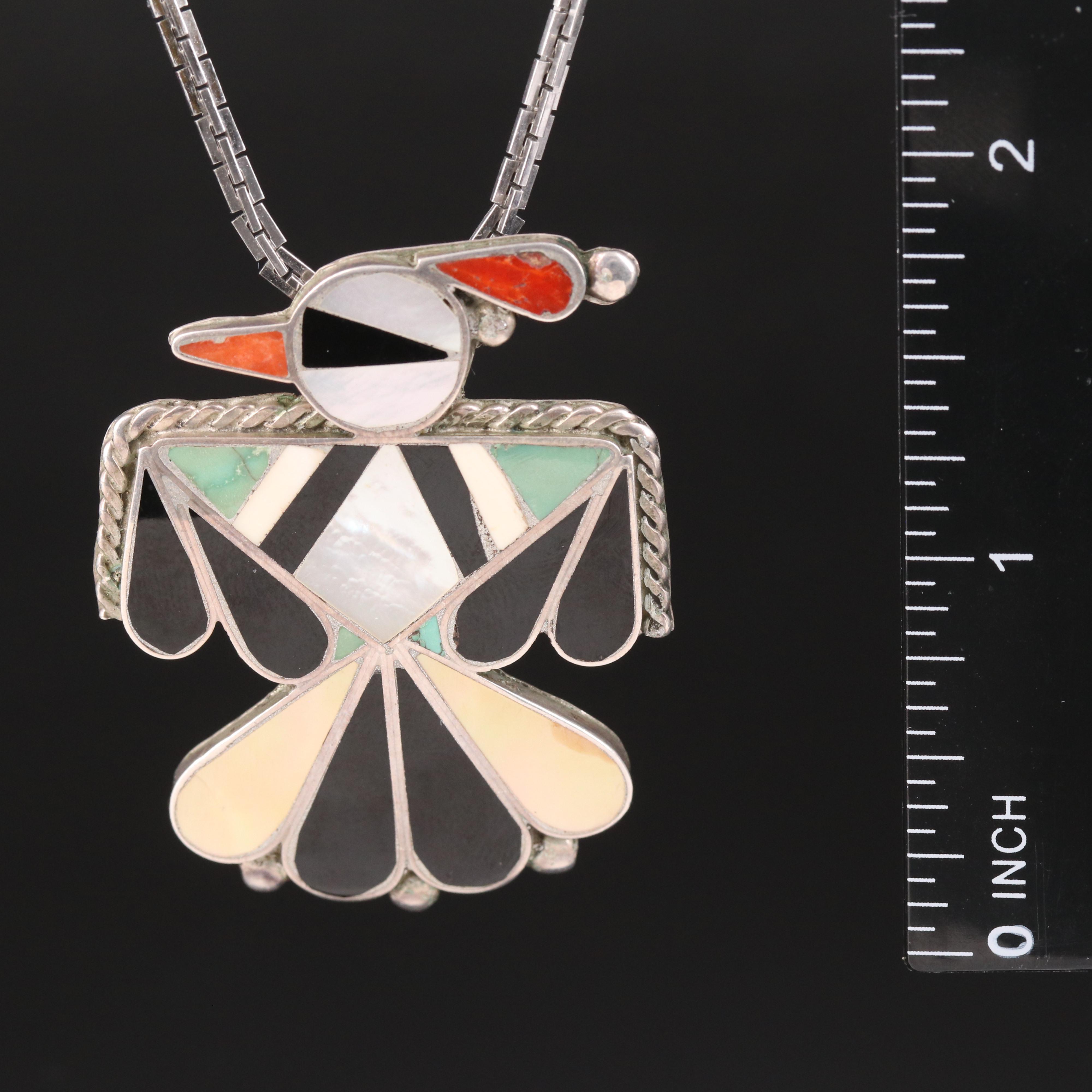 Southwestern Sterling Thunderbird Inlay Converter Pendant Necklace