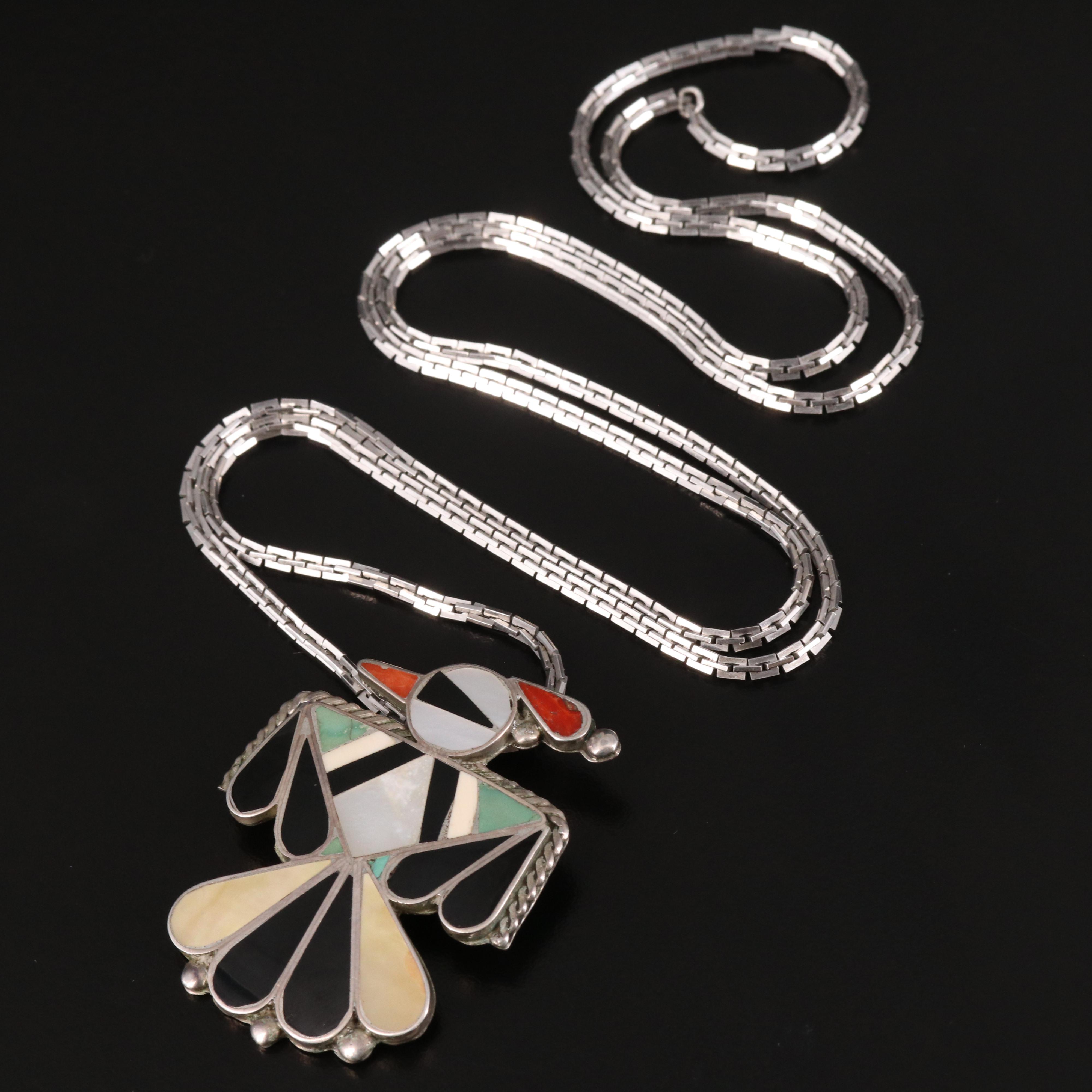 Southwestern Sterling Thunderbird Inlay Converter Pendant Necklace
