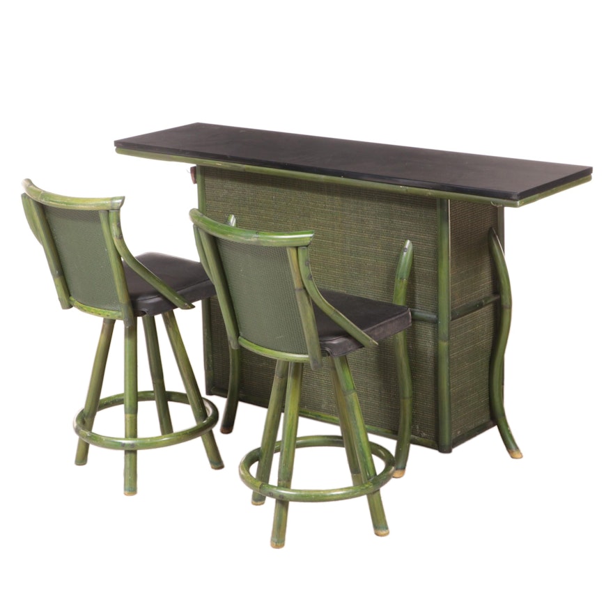 Bam-Tan Tiki Style Green-Stained Rattan and Laminate Bar Cabinet with Stools