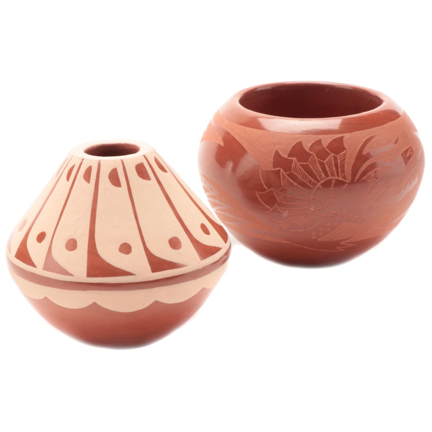 Corn Moquino Carved Pottery Avanyu Vessel with Jemez Pueblo Buff on Red Vase