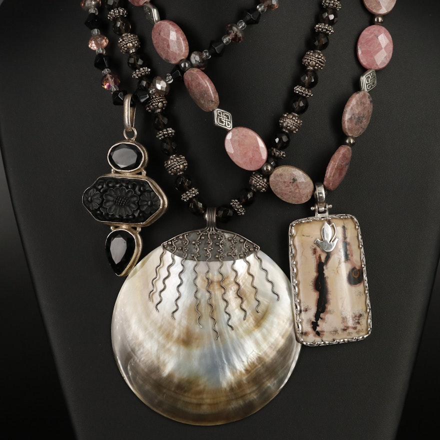 Sterling Necklace Selection with Rhodonite, Shell and Jasper