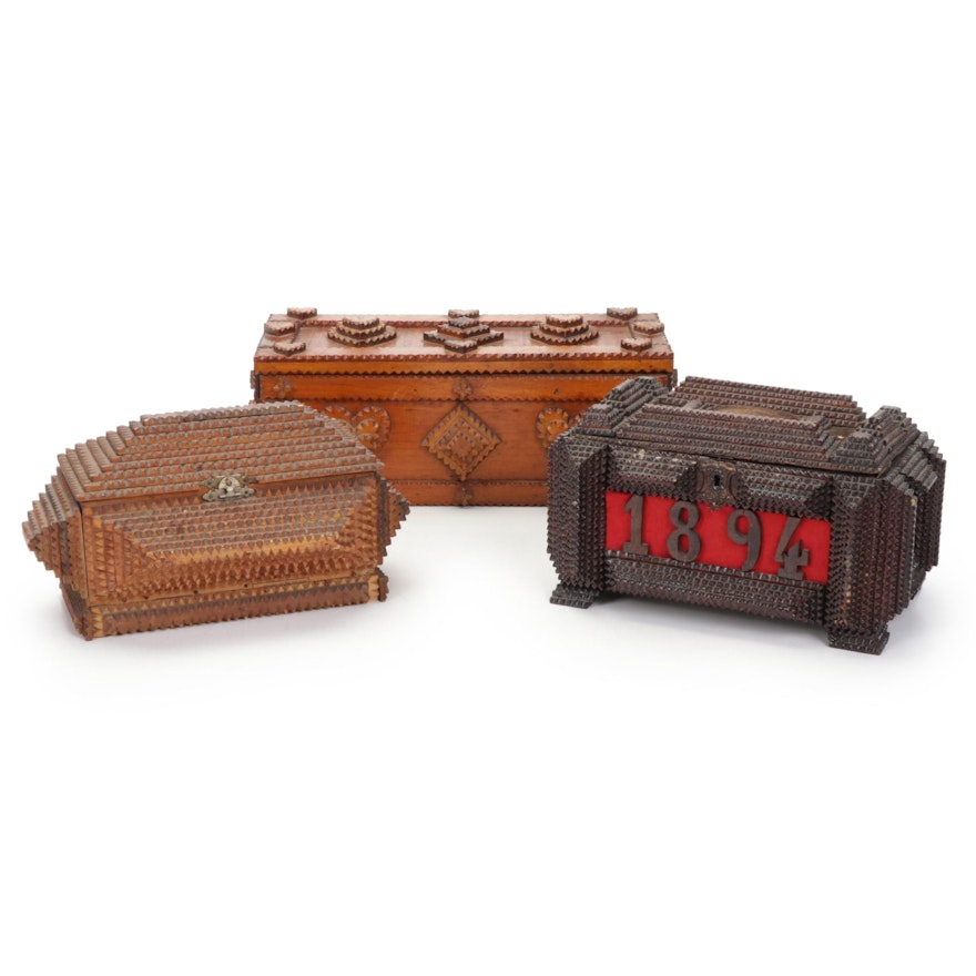 Tramp Art Chip-Carved Wooden Boxes, Late 19th/ Early 20th Century