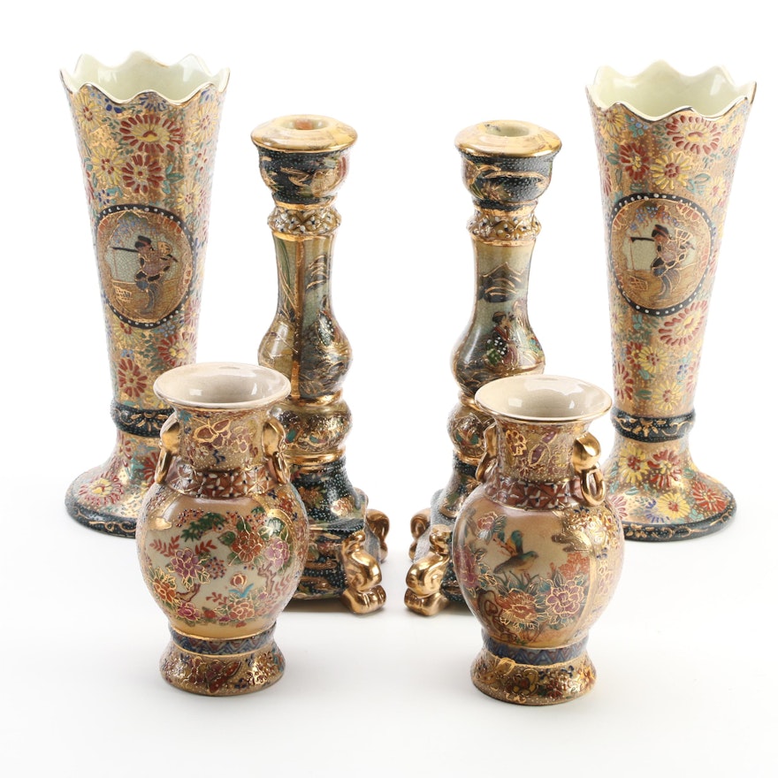 Chinese Satsuma Style Candlesticks and Vases, Mid to Late 20th Century