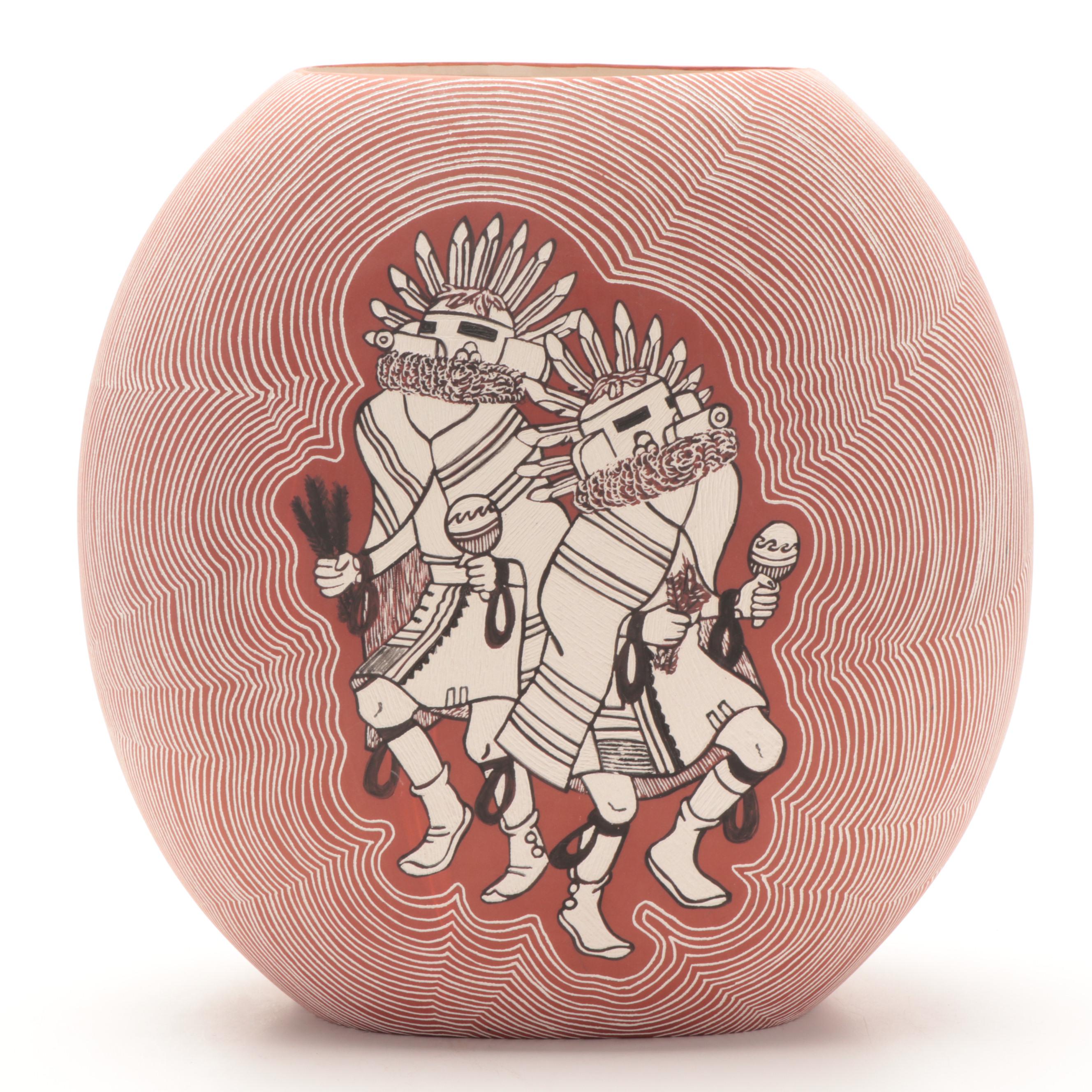 Richard Martinez Acoma Pueblo Sgrafitto Pottery Horse Kachina Dolls Vase