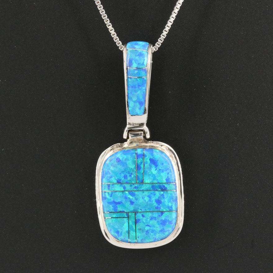 Sterling Reversible Opal, Imitation Turquoise and Coral Pendant Necklace