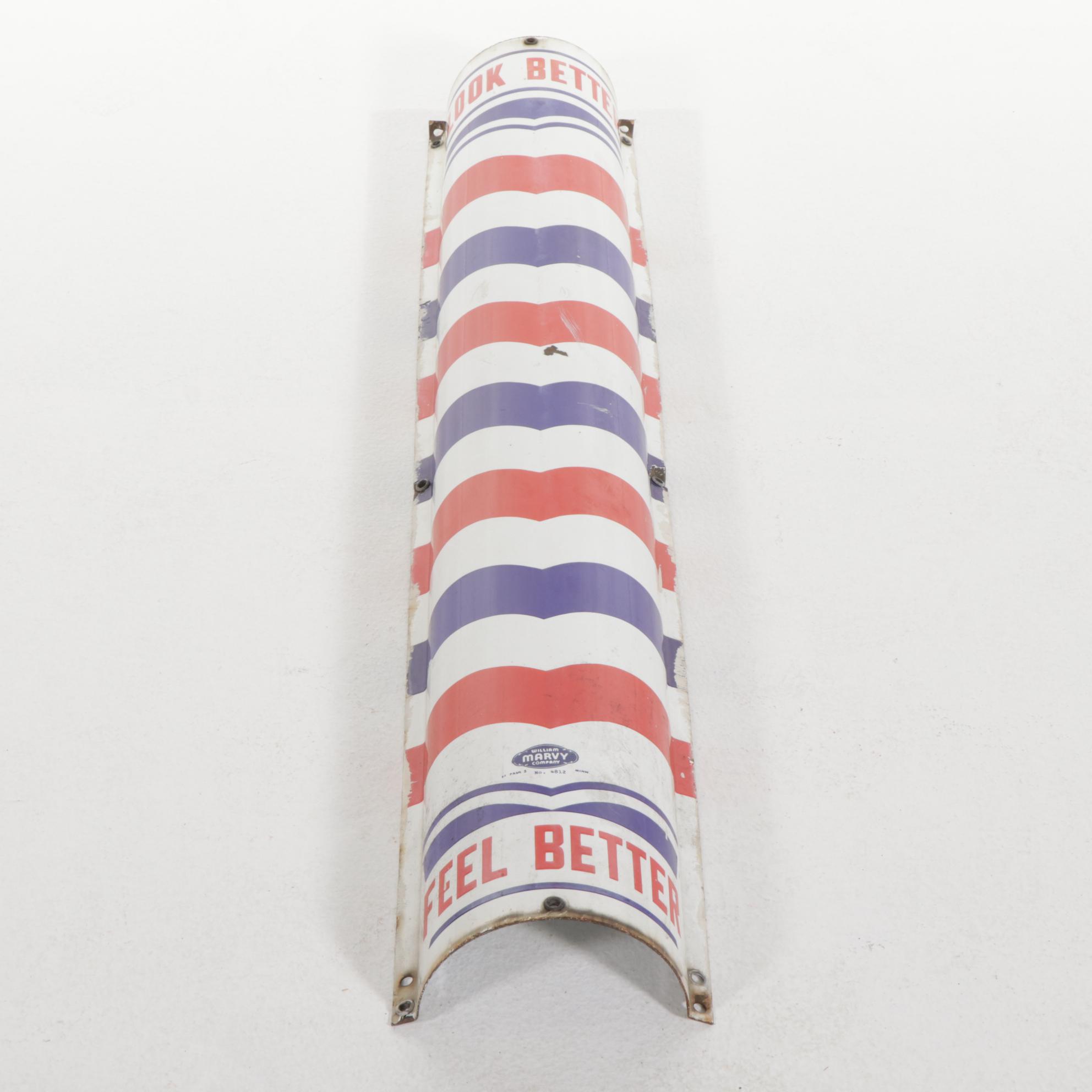 William Marvy Co. Porcelain on Metal Barber Pole Sign, Mid-20th Century