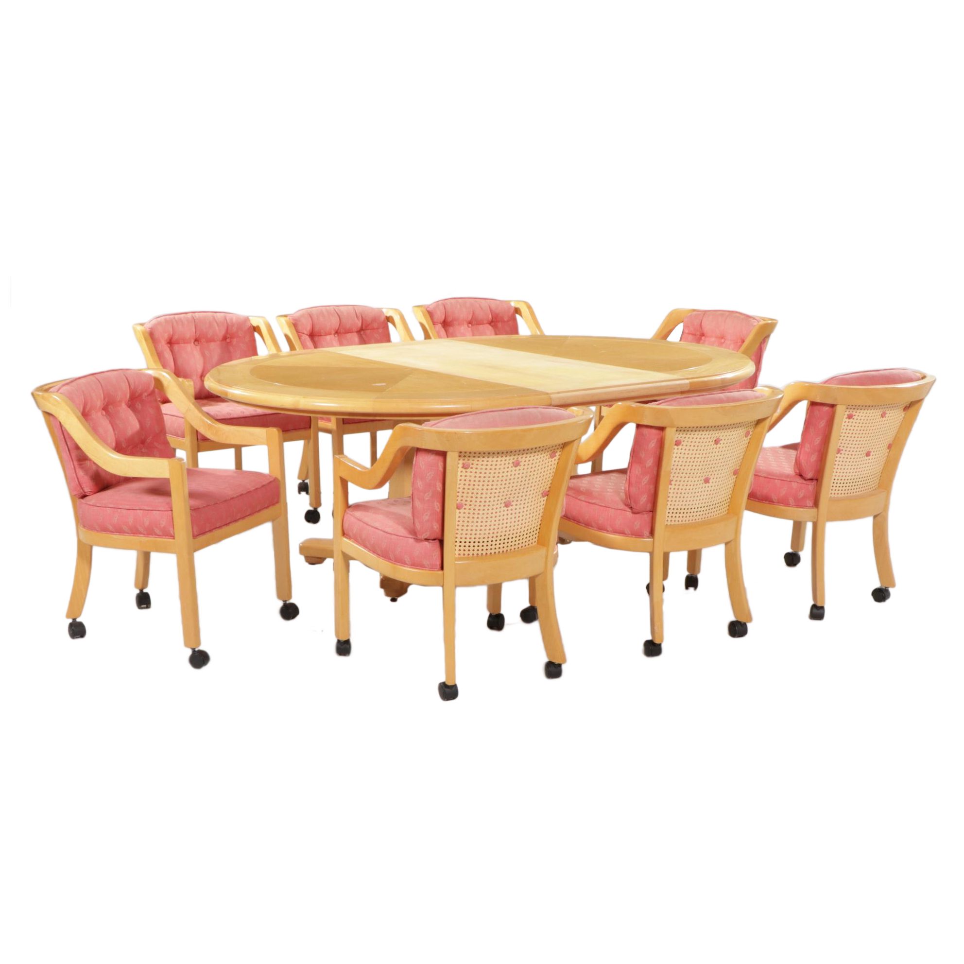 Maple Split-Pedestal Dining Table and Eight Caned Tub Chairs on Casters