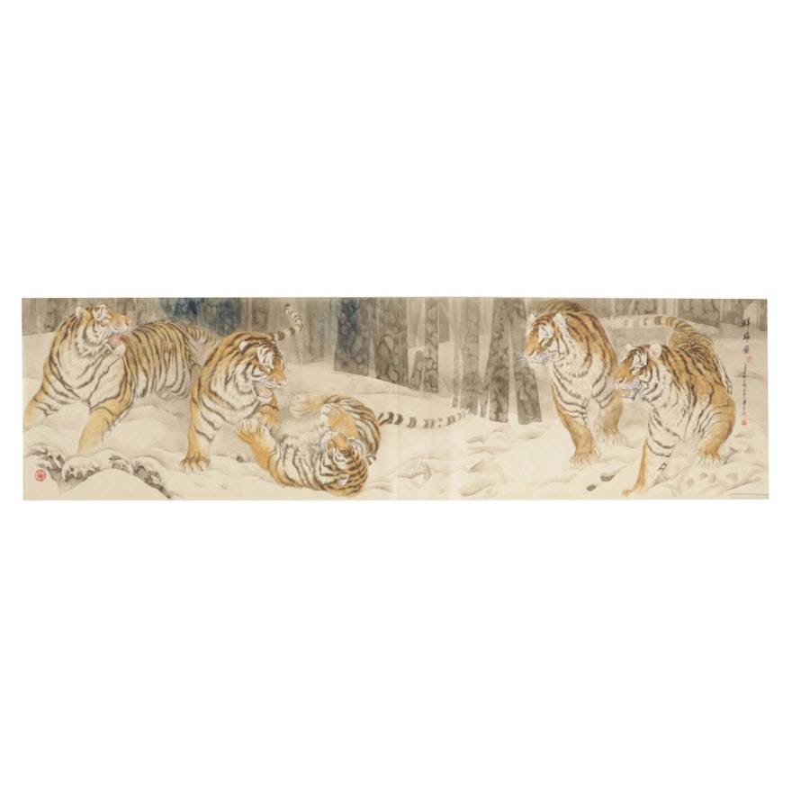 East Asian Large-Scale Ink and Watercolor Painting of Bengal Tigers