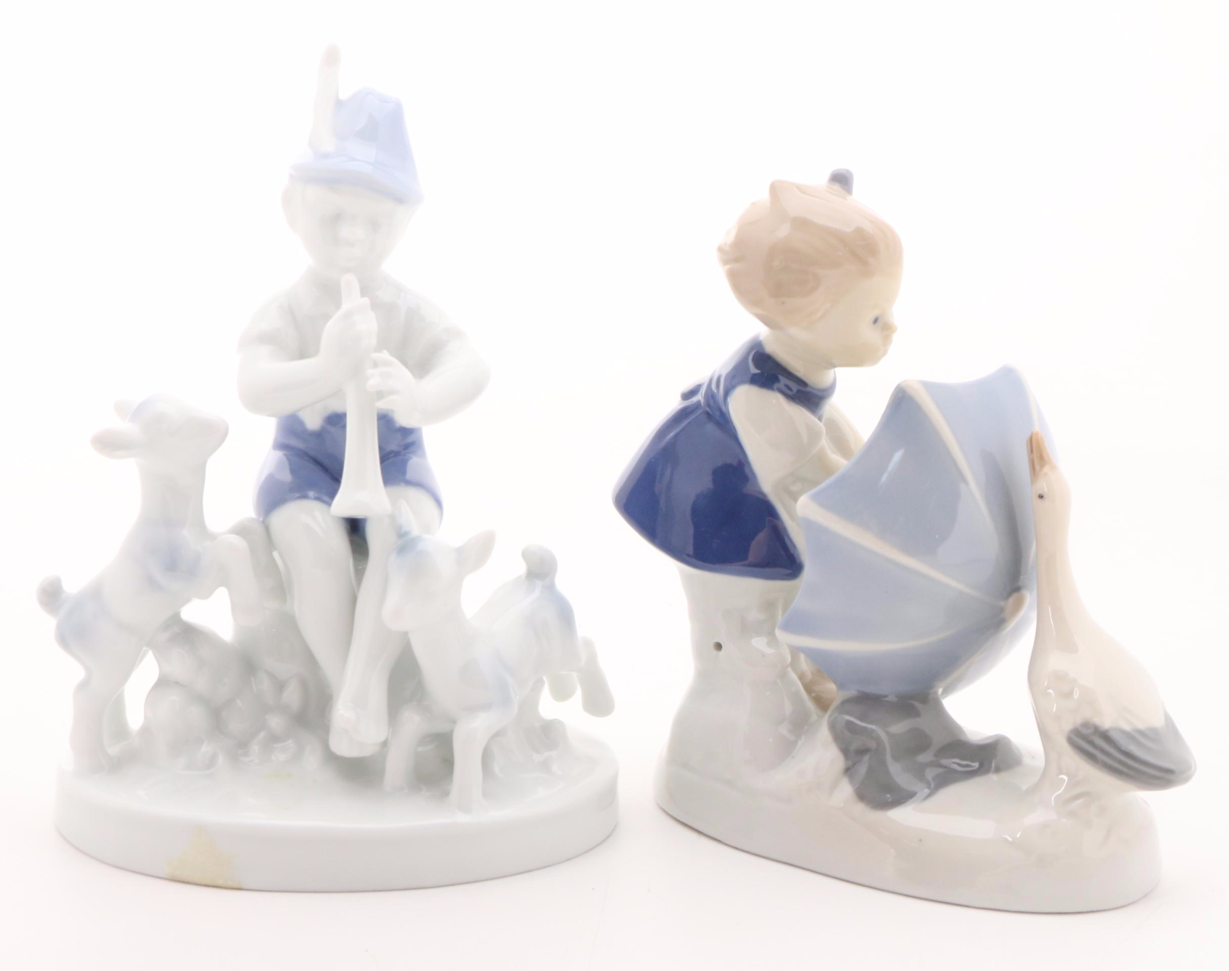 Gerold Porzellan Boy with Flute and Other Girl with Umbrella Porcelain Figurine