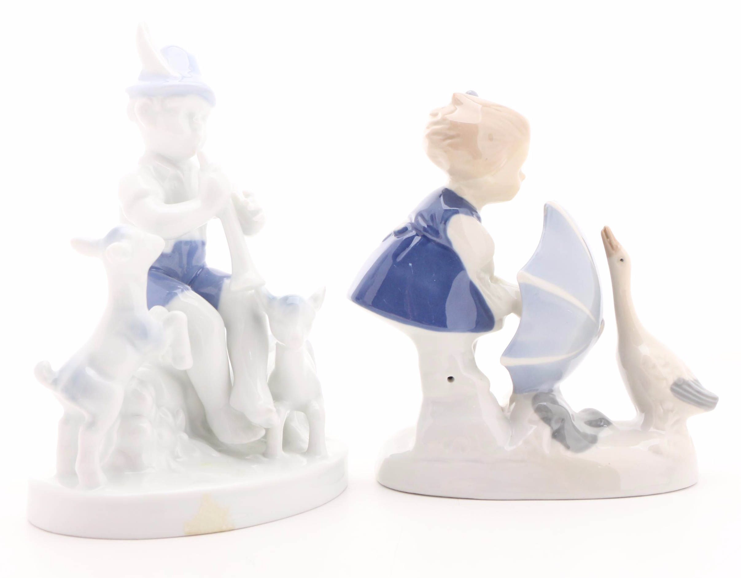 Gerold Porzellan Boy with Flute and Other Girl with Umbrella Porcelain Figurine