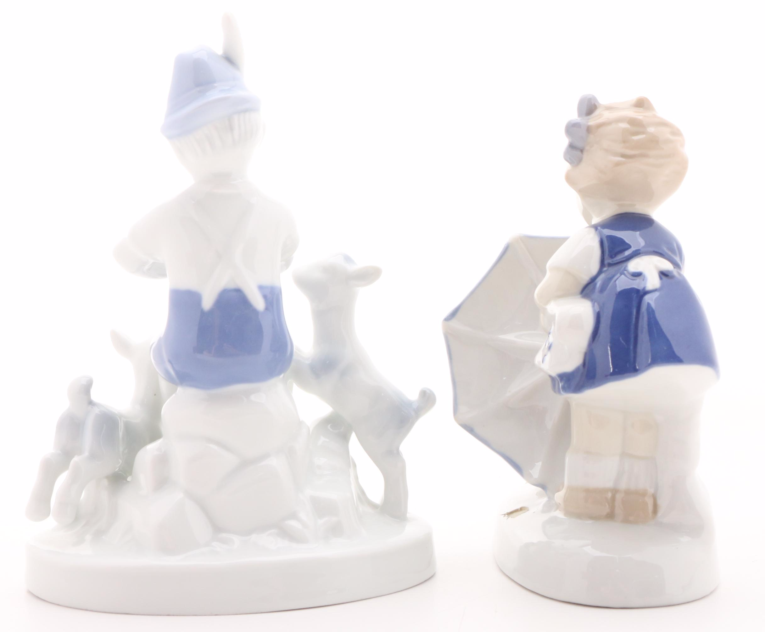 Gerold Porzellan Boy with Flute and Other Girl with Umbrella Porcelain Figurine